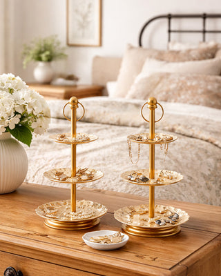 Gold 3-Tier Serving Tray Stand with Floral Patterns, Set of 2