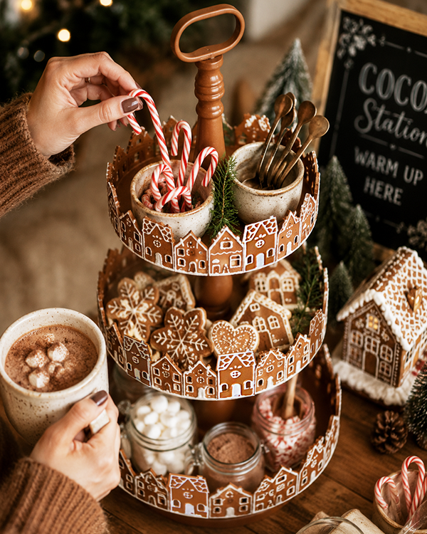 26 Inch Three Tier Gingerbread Village Serving Stand | Iron Food Safe Trays