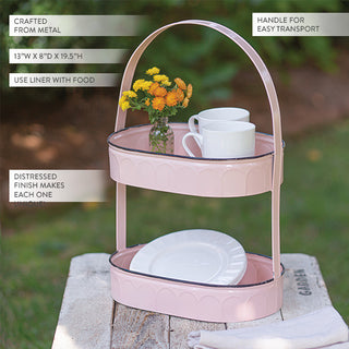  Farmhouse style blush pink tiered serving tray with handle showing dimensions and distressed finish outdoor setting