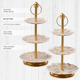 Metal tiered dessert stands gold finish scalloped edges white background