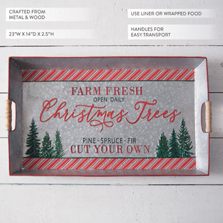 Gray metal Christmas serving tray 23 inches wide with Farm Fresh Christmas Trees vintage design, wood handles, candy cane stripe border
