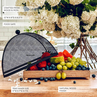 Rustic Wooden Tray with Mesh Dome Cover