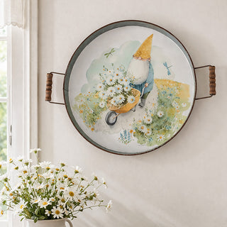 Vintage metal and wood decorative tray with hand-painted gnome artwork