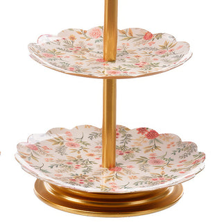 Closeup pink rose floral pattern gold tiered serving tray detail