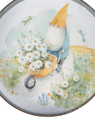 Whimsical Garden Gnome Wheelbarrow Serving Tray with Yellow Gingham Border