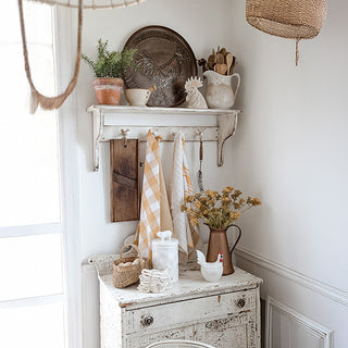 Farmhouse kitchen vignette with copper rooster wall art