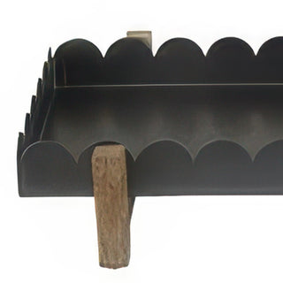 black scalloped metal tray, footed serving tray wood legs