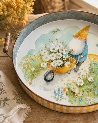 Whimsical Garden Gnome Wheelbarrow Serving Tray with Yellow Gingham Border