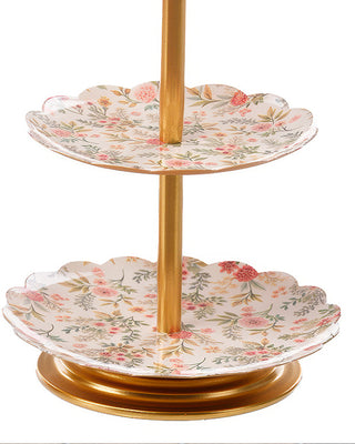 Gold 3-Tier Serving Tray Stand with Floral Patterns, Set of 2