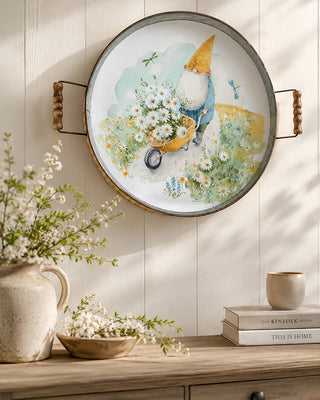Whimsical Garden Gnome Wheelbarrow Serving Tray with Yellow Gingham Border