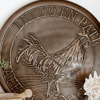 Close-up copper rooster embossed farmhouse wall decor