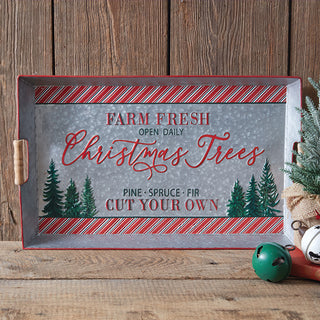 Rustic farmhouse Christmas tray with Farm Fresh Christmas Trees design styled with vintage ornaments on wooden table