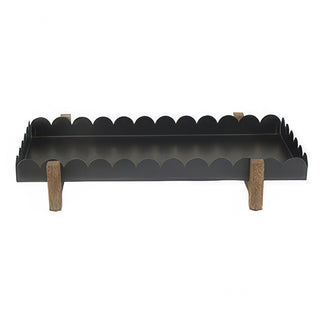 black scalloped metal tray, footed serving tray wood legs