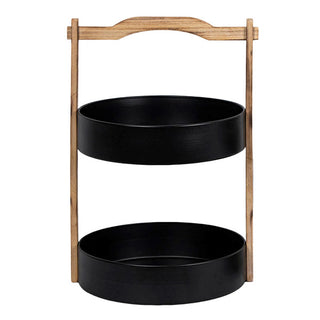 Modern farmhouse two tier serving tray stand front view showing black metal round trays with natural wood frame and handle