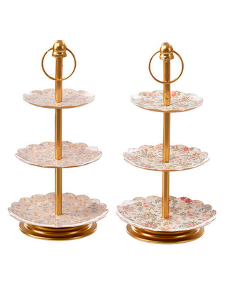 Gold 3-Tier Serving Tray Stand with Floral Patterns, Set of 2