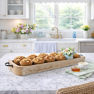 boho farmhouse carved wood tray with handles