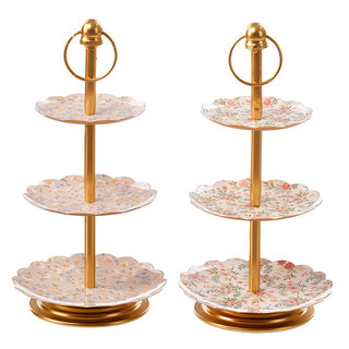 Set of two gold tiered stands floral patterns tea party display