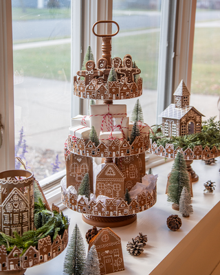 26 Inch Three Tier Gingerbread Village Serving Stand | Iron Food Safe Trays