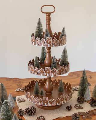 26 Inch Three Tier Gingerbread Village Serving Stand | Iron Food Safe Trays