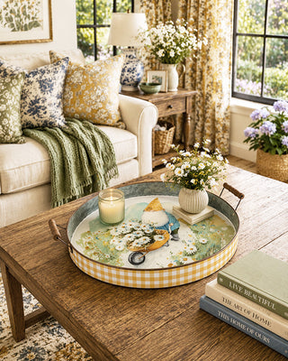 Whimsical Garden Gnome Wheelbarrow Serving Tray with Yellow Gingham Border