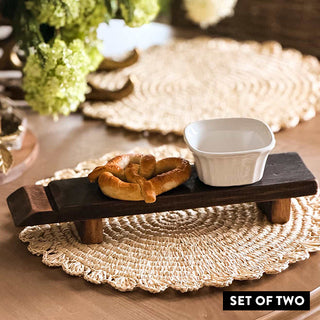 Rustic whiskey barrel wood serving board with dip bowl