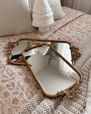 Ornate Bow Antique Gold Mirrored Tray, Set of 2