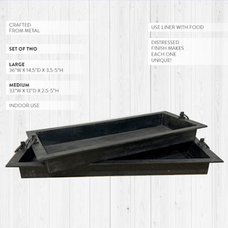  Large black metal tray 36 inch with ring handles styled with pillar candles and eucalyptus