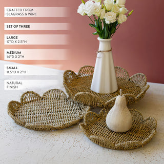 Set of three handwoven seagrass and wire nesting trays with size specifications
