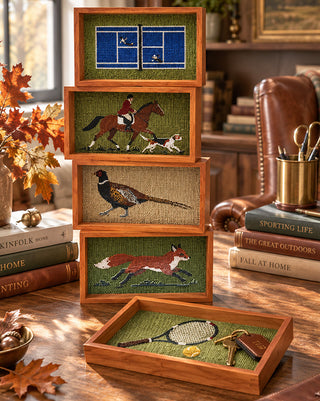 Cottage Needlepoint Wood Valet Trays, Set of 5