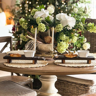 Farmhouse wood serving risers styled on holiday dining table