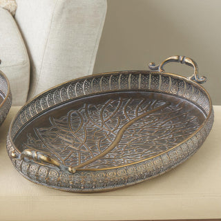 Medium decorative tray with book and coffee mug styled on bedroom nightstand in neutral decor