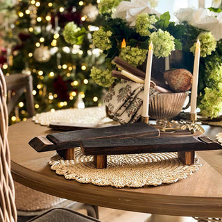 Rustic farmhouse wood riser centerpiece on dining table