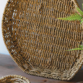 Seagrass bunny tray showing open weave texture and natural finish farmhouse Easter decor