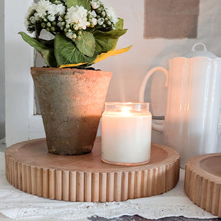 Round wooden trays styled with teacups farmhouse decor