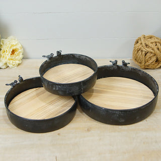 Bird Accent Metal Tray Set of 3 with Wood Bases