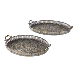 Nested oval metal trays with scroll handles and raised gallery edges in antique bronze finish