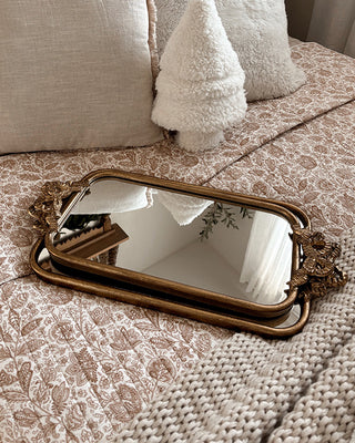 Ornate Bow Antique Gold Mirrored Tray, Set of 2