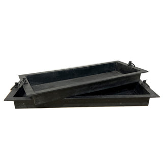 Weathered Black Metal Centerpiece Tray, Set of 2 with Ring Handles
