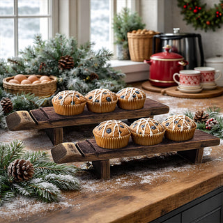 Wooden serving risers displaying muffins farmhouse kitchen decor