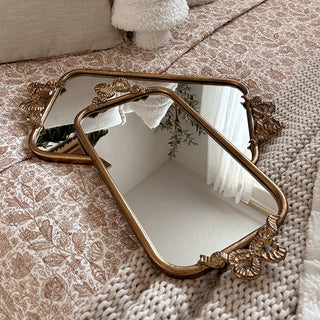 Ornate Bow Antique Gold Mirrored Tray, Set of 2 - Decor Steals Ornate Bow Antique Gold Mirrored Tray, Set of 2 - Decor Steals
