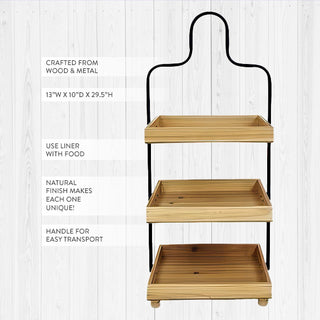  3-tier wood tray stand showing dimensions 13W x 10D x 29.5H with product details on white wood background