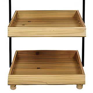 Close-up of bottom two natural wood slatted trays on black metal frame stand showing wood grain detail and small feet