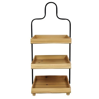 Full view of 3-tier natural wood tray stand with black metal frame on white background showing all three tray levels