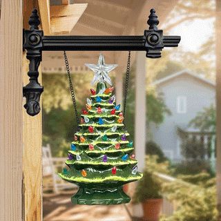 Ceramic Christmas tree hanging porch decor with multicolor LED lights and star topper