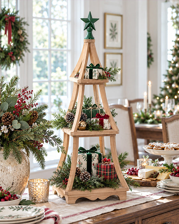 A three-tier wooden Christmas tree display stand decorated with greenery, pinecones, wrapped gifts, and a green star topper, set on a dining table in a festive holiday dining room.