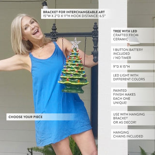 Woman holding ceramic LED Christmas tree porch hanging decor with colorful lights and star topper