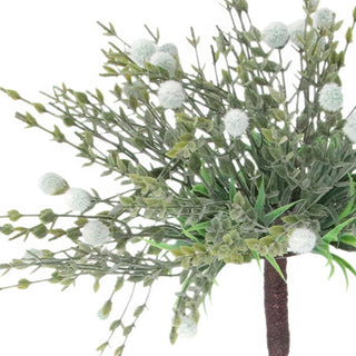 Overhead view of realistic faux topiary with wispy stems and dimensional white blooms