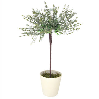 Full-size faux botanical topiary tree in neutral cream pot, 16 inches tall with natural wrapped trunk