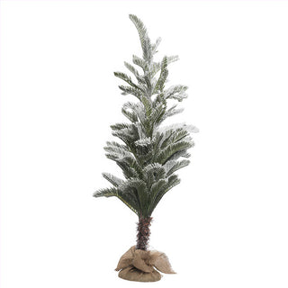 Full view of 18-inch wide by 48-inch tall flocked artificial Christmas tree with natural burlap base for tabletop mantel or entryway display