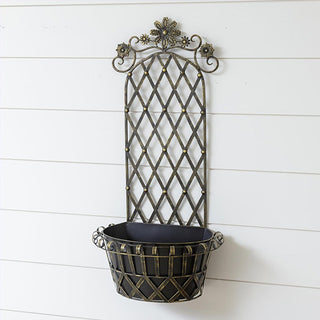 Antique Bronze Floral Scrollwork Wall Trellis with Planter Basket